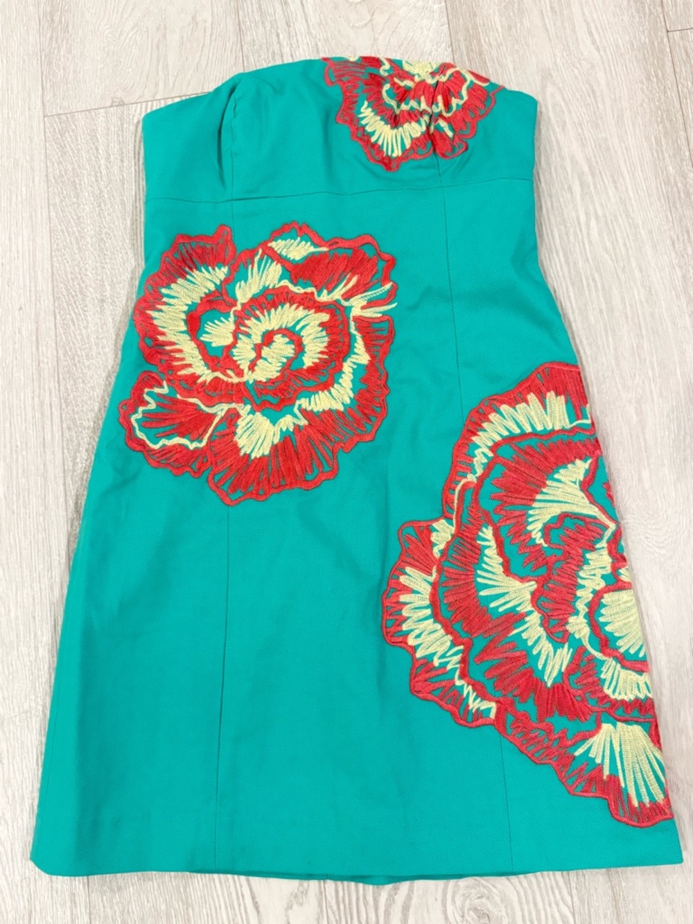 Lilly Pulitzer green Strapless Dress with coral & Yellow Floral embroidery
